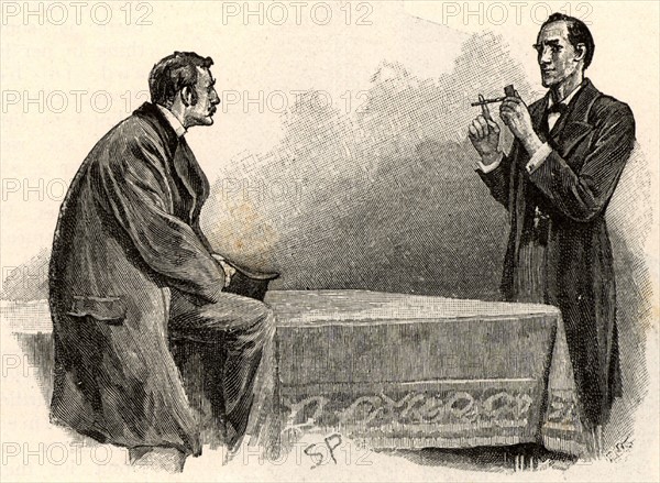 The Adventure of the Yellow Face'.  Holmes explaining to Watson what he has deduced from the pipe left behind by a visitor. "The owner is obviously a muscular man, left-handed, with an excellent set of teeth, careless in his habits, and with no need to practise economy". From "The Adventures of Sherlock Holmes" by Conan Doyle from "The Strand Magazine" (London, 1893). Illustration by Sidney E Paget, the first artist to draw Sherlock Holmes.  Engraving.  British Literature English Detective Fiction