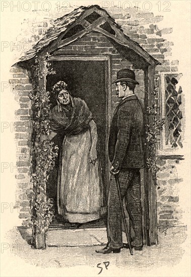 The Adventure of the Yellow Face'.  Jack Grant Munro, suspicious of his wife's actions, getting a cool receipt from a neighbour on whom he has called to make enquiries. From "The Adventures of Sherlock Holmes" by Conan Doyle from "The Strand Magazine" (London, 1893). Illustration by Sidney E Paget, the first artist to draw Sherlock Holmes.  Engraving.