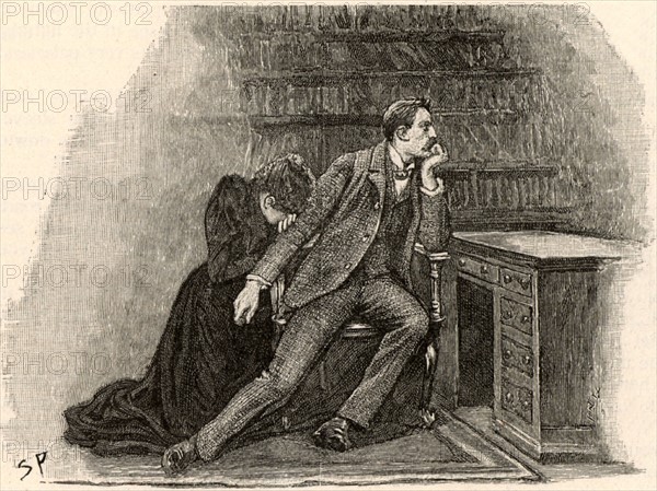 The Adventure of the Yellow Face'. Jack Grant Munro rejecting his wife because she will not disclose the secret behind her suspicious behaviour.  From "The Adventures of Sherlock Holmes" by Conan Doyle from "The Strand Magazine" (London, 1893). Illustration by Sidney E Paget, the first artist to draw Sherlock Holmes.  Engraving.