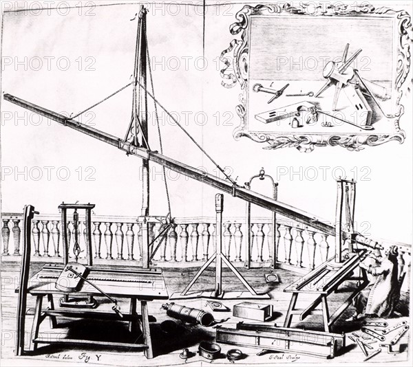 Hevelius observing with a wooden-tubed refracting telescope some 30 feet