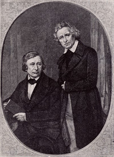 Wilhelm Carl Grimm (1786-1859) left, and Jacob Ludwig Carl Grimm (1786-1859) right, German philologists and folklorists.  The English speaking world knows them best for their fairy tales "Kinder- und Hausmarchen" (1812-1815) published as "German Popular Stories" (London, 1823) illustrated by George Cruikshank.