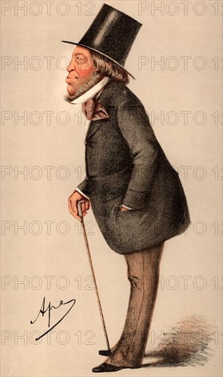 Meyer Amschel de Rothschild (1818-1874) English sportsman and art collector, fourth son of Nathan Meyer Rothschild. Liberal Member of Parliament for Hythe, Kent (1859-1874). Cartoon by 'Ape' (Carlo Pellegrini - 1838-1889)  from "Vanity Fair", London, 27 May 1871.  Chromolithograph.