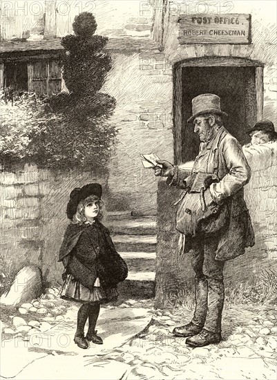 Little girl asking the village postman if there is a letterr for her. Engraving from "The Illustrated London News" (London, 18 February 1888).