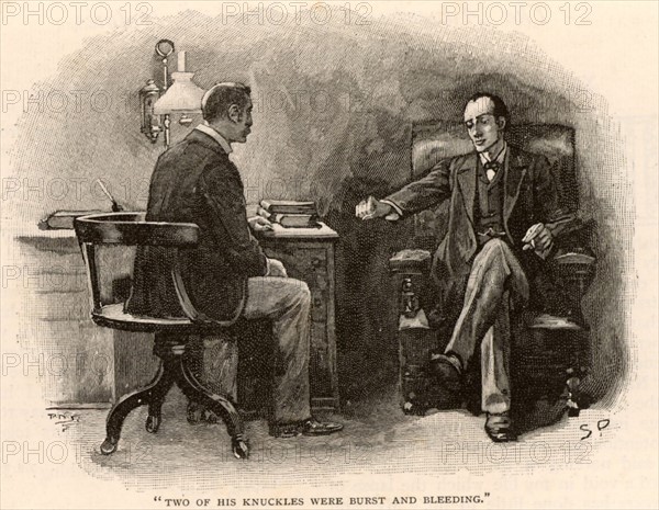 The Adventure of the Final Problem'. Sherlock Holmes calling on Dr Watson to ask for his help to defeat his adversary, Professor Moriarty, "… the Napoleon of crime, …".  Illustration by Sidney E Paget (1860-1908) for 'The Adventures of Sherlock Holmes'  by Arthur Conan Doyle in "The Strand Magazine" (London, 1893).  Paget was the first artist to draw  Holmes.