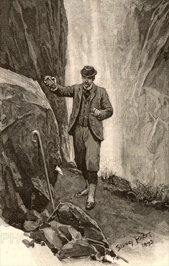 The Adventure of the Final Problem'. Watson, returning to the Reichenbach Falls, finds the Alpen-stock belonging to Sherlock Holmes, together with his farewell note.  Illustration by Sidney E Paget (1860-1908) for 'The Adventures of Sherlock Holmes'  by Arthur Conan Doyle in "The Strand Magazine" (London, 1893).  Paget was the first artist to draw  Holmes.