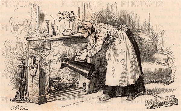 A maid pouring a jug of water on a fire