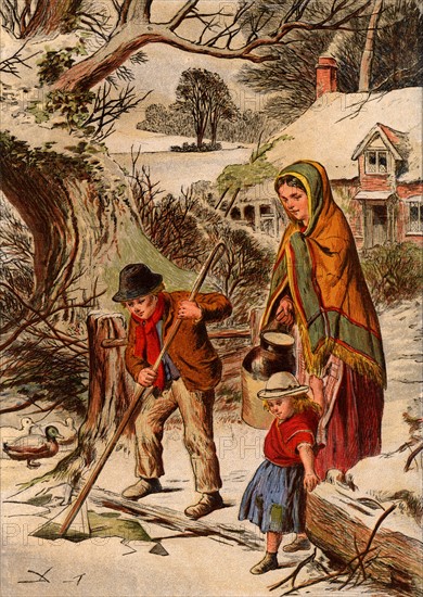 Scène d'hiver : un jeune garçon brise de la glace pour que sa mère puisse puiser de l'eau