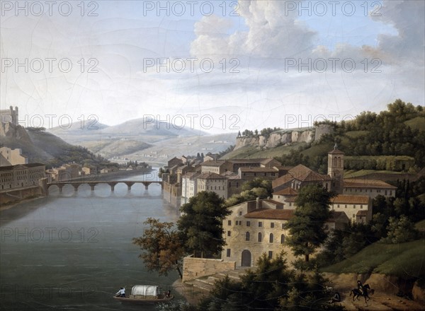 View of the Rhone: Riverscape with bridge connecting buildings on both banks of the water