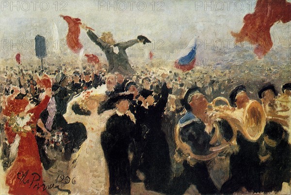 The Demonstration of 17 October 1905': Crowd reaction to Nicholas II's "Manifesto on the Improvement of the State Order" which pledged freedom of religion, speech, assembly and association, and the introduction of universal male suffrage