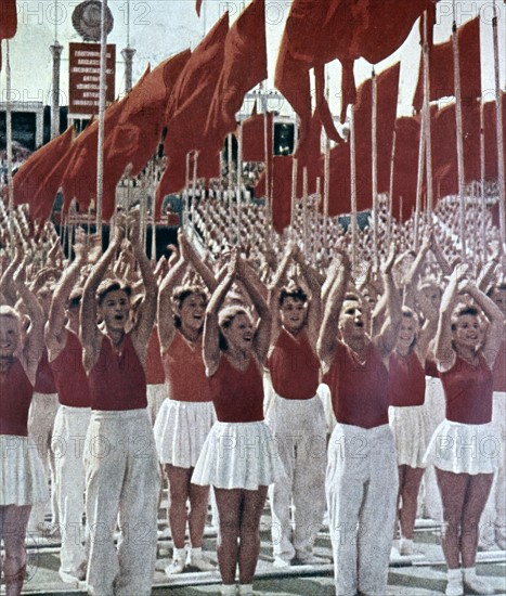 Gymnasts parading at a Festival of Youth, in the USSR, 1950.