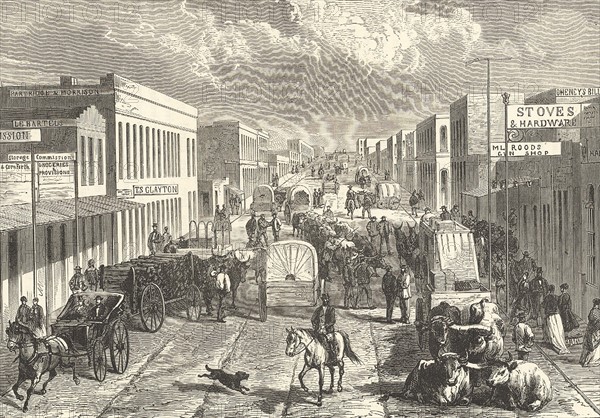 Busy street scene in Denver, Colorado, 1875