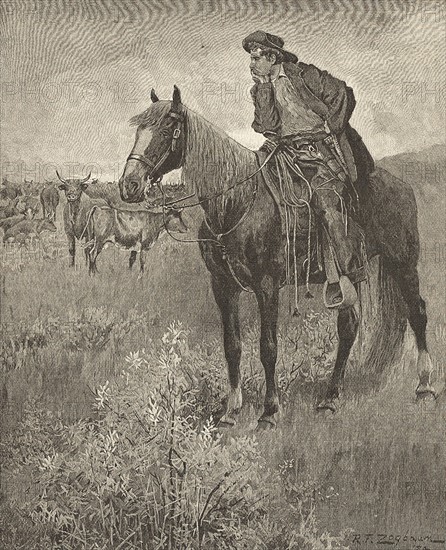 A Montana cowboy watching the herd during a quiet moment in a cattle drive