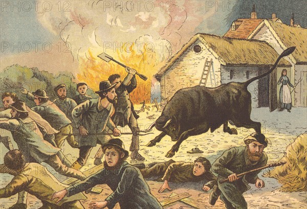 Farmer's wife letting out a bull to frighten off agricultural workers attacking a farm, c1830