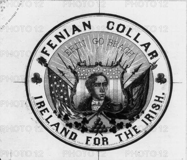 Advertisement label for Fenian with a portrait of the Irish patriot Robert Emmet against a shield with stars and stripes
