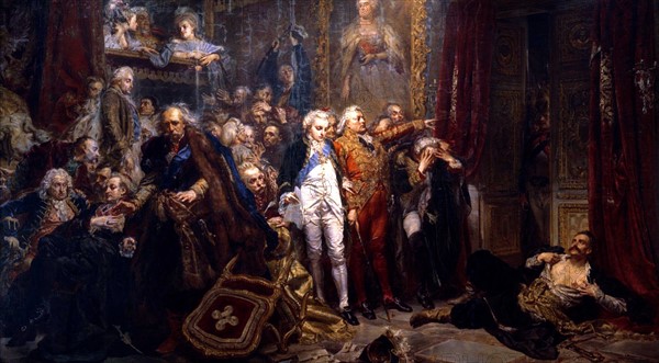 Tadeusz Rejtan protesting against the partition treaty and immortalized in the painting by Jan Matejko