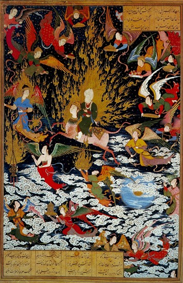 Persian miniature 1550 AD depicting the Prophet Muhammad ascending on the Burak into Heaven, a journey known as the Miraj