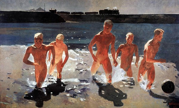 Alexander Deineka (1899-1969). Soviet Russian artist and sculptor. 'The Boys start running out from water'. 1935 A.K.A. 'Lunch Break in the Donbass'.