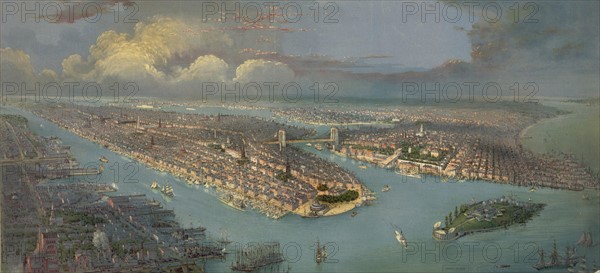 Bird's-eye view of New York  city and harbour with New Jersey waterfront, left