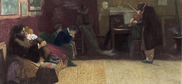 Print showing sitting  listening to a man playing the violin and a man playing the piano