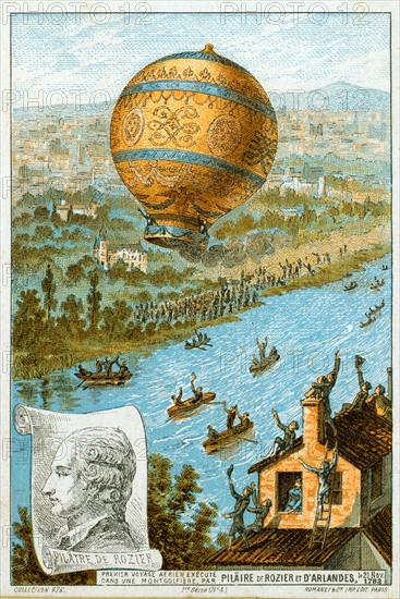 First manned free balloon flight, Pilatre de Rozier and the Marquis d'Arlandes, 21 November 1783, in  Montgolfier
