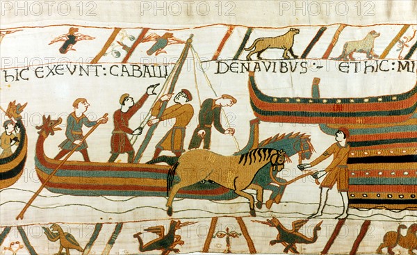 Bayeux Tapestry 1067:  Horses being unloaded from Norman boats at Pevensey, south coast of England, 28 September 1066