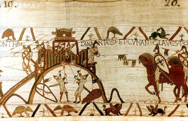 Bayeux Tapestry 1067:  Conan of Brittany under attack at Dinan, hands keys of fortress to William of Normandy