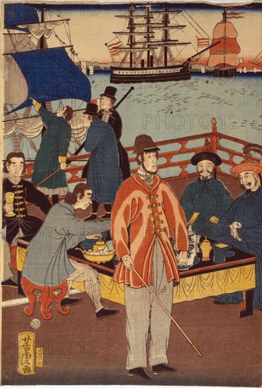 Yoshitora, One print of triptych showing European merchants