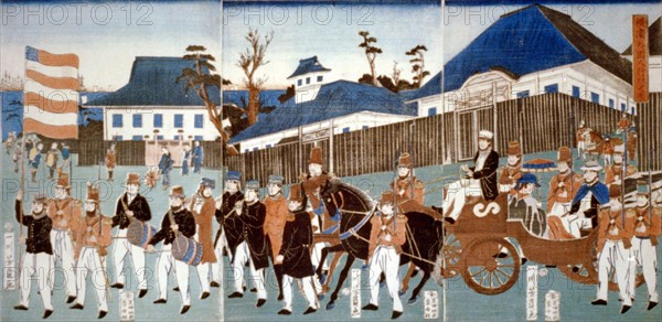 Yoshigawa, Triptych showing a parde of foreigners - Yokohama