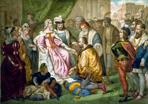 Christopher Columbus kneeling before his patrons