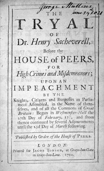 Première page de "The Tryal of Dr Henry Sacheverell'