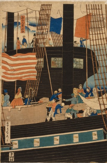 Sadahide, Unloading  an American ship in Yokohama harbour