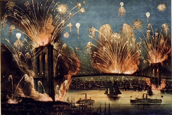 Feu d'artifice célébrant l'ouverture du pont de Brooklyn