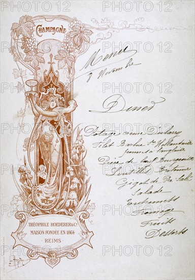 Dinner menu hand-written on a publicity card for Theophile Roederer & Co