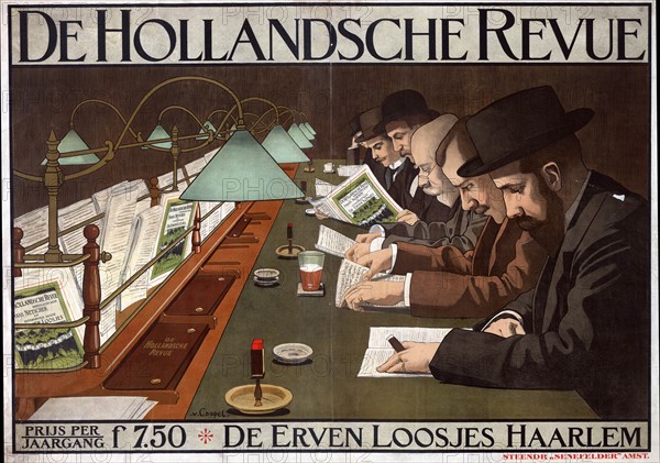 Advertisement for 'De Hollandsche Revue', 1910, Dutch periodical, showing men sitting  at a long desk reading the Revue to light of electric lamps. Artist, Johann Georg van Caspel (1870-1928). Chromolithograph Cigar Matches Beer Coffee Chromolithograph