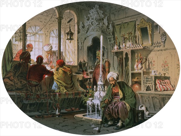 Souvenirs of the East: Turkish Coffee House', 1857. Amedeo Preziosi (1816-1882) Italian painter. Men smoking  and playing chess in window. In centre by doorway coffee is being prepared.  Turban Fez Foutain Ottoman