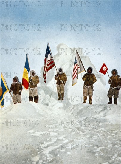 Robert Peary's sledge party at the North Pole, on mount of snow