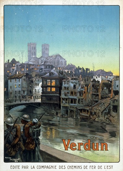 Affiche montrant la ville de Verdun en ruines