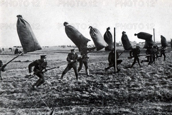 Canadian infantrymen engaged in bayonet practice