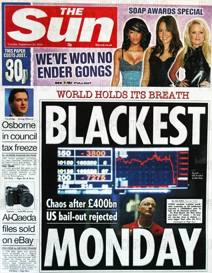 The Sun:  headline on collapse of stock market and Financial institutions in September 2008