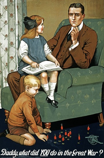 Poster showing a father with his children after the war