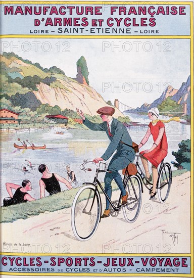 Cover of catalogue of Manufrance (Manufacture Francaise d'Armes et Cycles), Saint Etienne, c1920. Man and woman cycling by the river Loire waving to swimmers  and canoeists. Transport, Recreation France