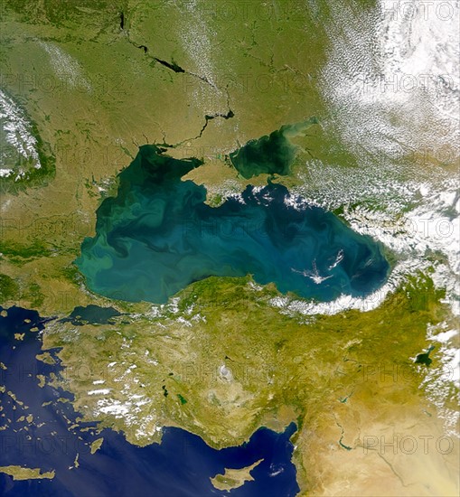 Satellite view of the land mass of Turkey and the Black Sea