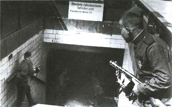 Soviet Russian soldiers enter the Frankfurter Allee railway station