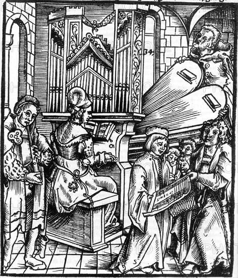 German woodcut depicting musical instruments