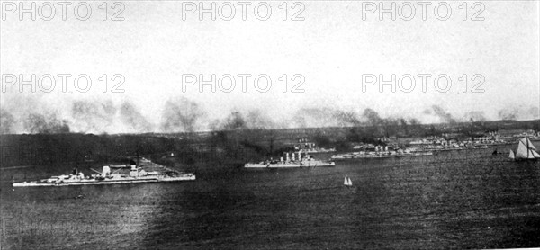 Imperial German fleet under steam in the Bay of Kiel