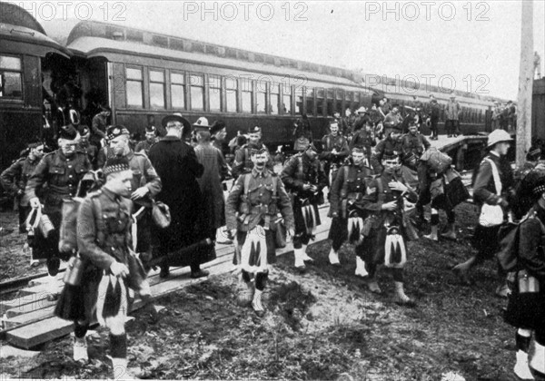 Canadian regiment of 'Highlanders' in traditional uniform of kilt