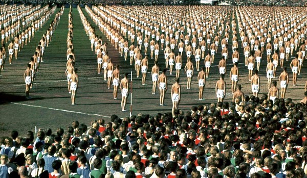 Nazi athletes parade at Nuremburg circa 1936