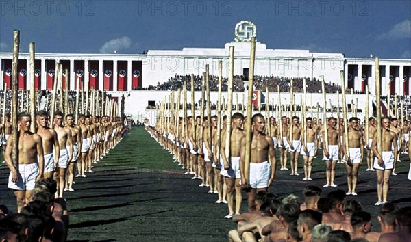 Nazi athletes parade at Nuremburg circa 1936