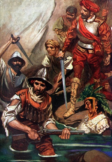 Cortez fleeing from Aztec pursuers