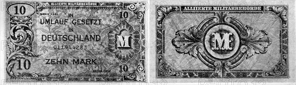 Obverse and reverse of an Allied 10 -mark note